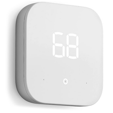 White Amazon Smart Thermostat shown on white wall, temperature set to 68 degrees