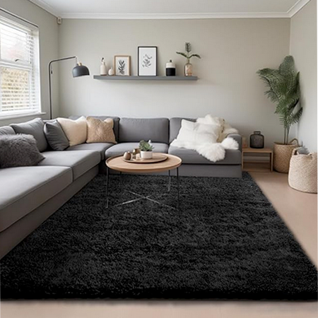 Ophanie Black plush shag rug within clean modern living room