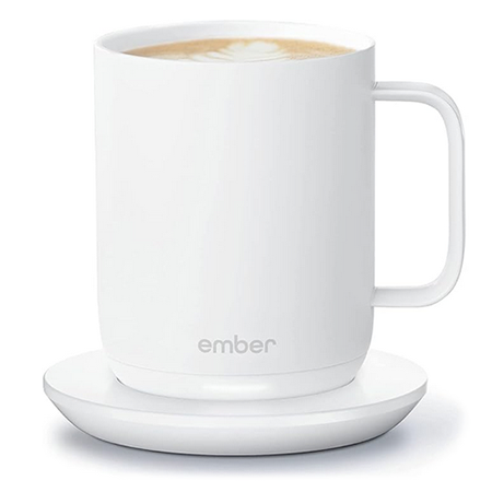 Ember brand heated smart coffee mug in white with coffee inside