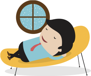 Cartoon man resting comfortably beside circular window while snow blows outside