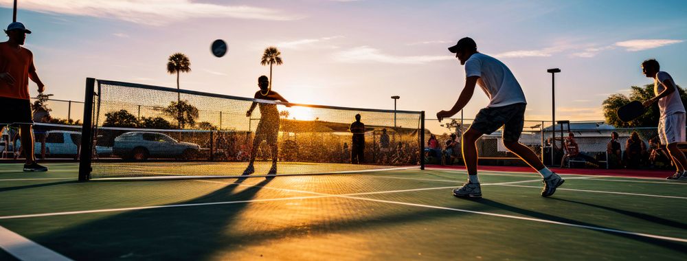 Image of four people playing pickle ball outside at sunset