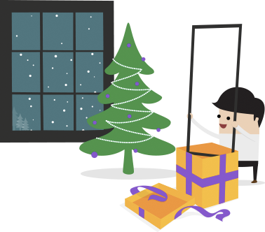 Cartoon man opening wrapped presents at Christmas, holding his newly received Indow Insert while snow blows beyond the window behind him