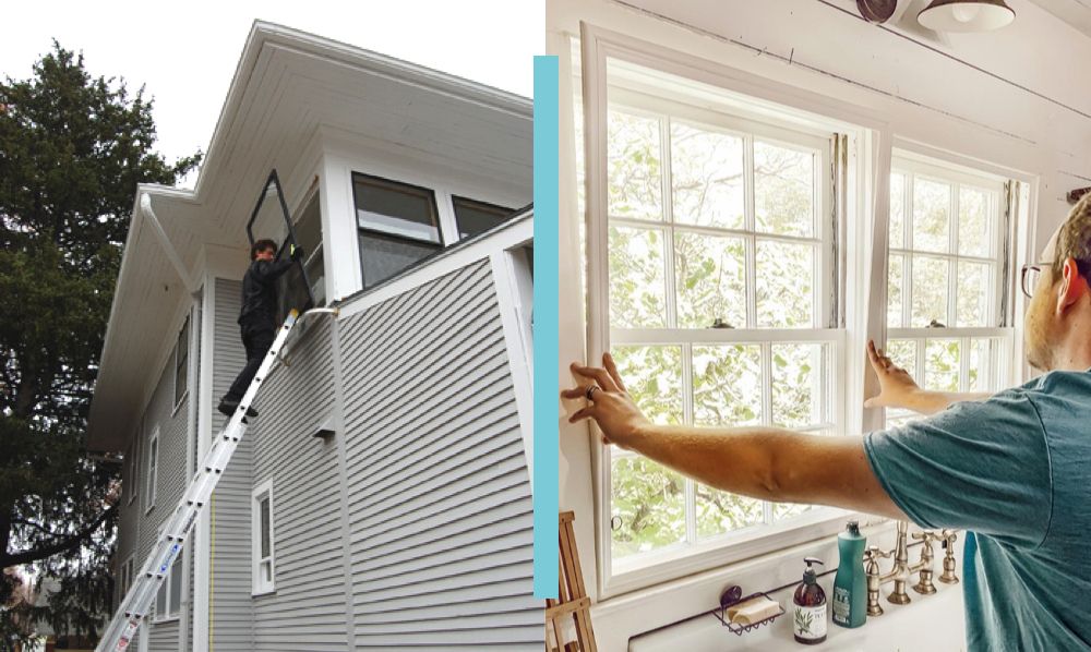 The left image shows the difficulty of installing storm windows. The person is standing on a ladder trying. The right image shows the ease of Indow’s window inserts. A person is putting the insert above the kitchen sink.