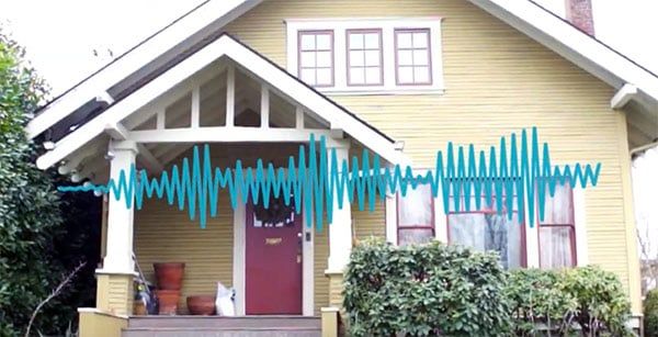 outside of house with sound waves to represent neighbors playing loud music during the day
