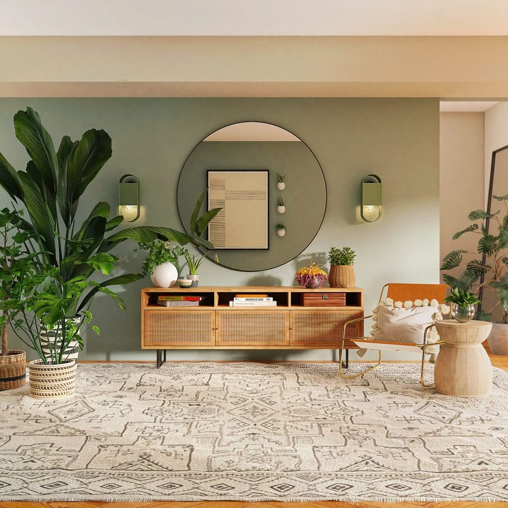 Interior of a home featuring a sitting area with a large rug, monstera plants, and other house plants. A circular mirror and wooden cabinet are against a light green wall in the background.