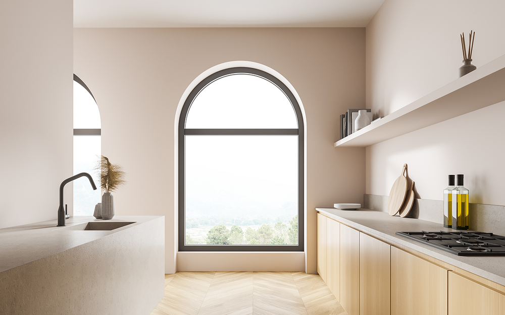 arch window in brightly lit kitchen