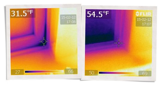thermal gun images showing one window at 31.5 degrees, one window with Indow insert insulating double pane window at 54.5 degrees